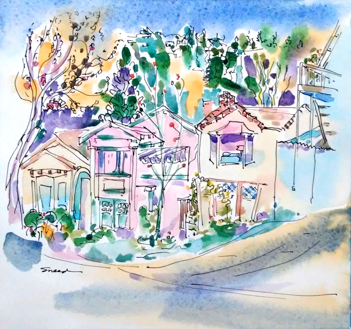 Neighbors, Santa Fe Avenue, Albany, Ink and Watercolor, 9 in x 9.5 in, 20181213.jpg